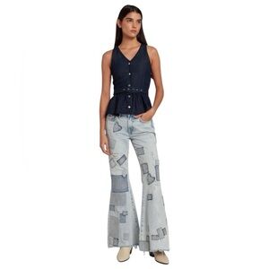 7 For All Mankind Women's 23 Blue Light Wash Patchwork Low Rise Flare Jeans NWT